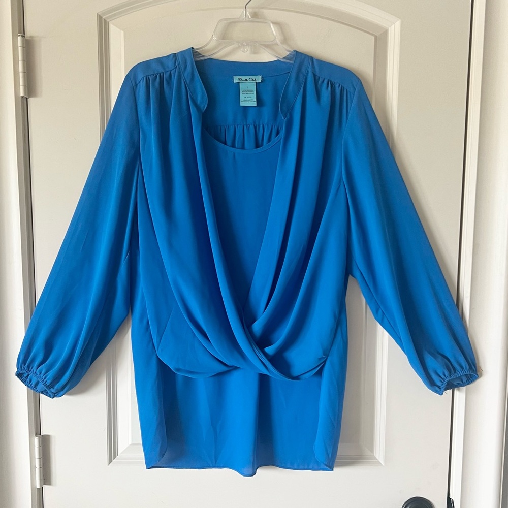 Double Click Cerulean Blue Draped Blouse with Built-in Tank Layer - Size Large